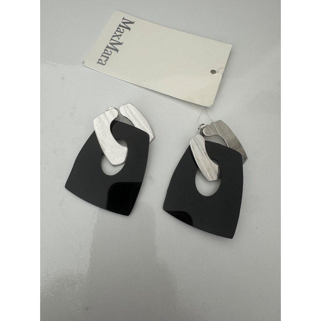 Nwt Max Mara Umbro Black Silver Abstract Drop Earrings Geometric Design $235